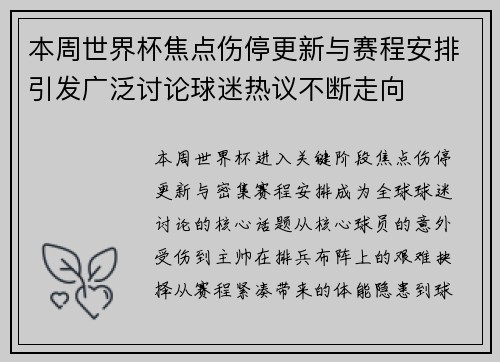 本周世界杯焦点伤停更新与赛程安排引发广泛讨论球迷热议不断走向 本周世界杯焦点伤停更新与赛程安排引发广泛讨论球迷热议不断走向