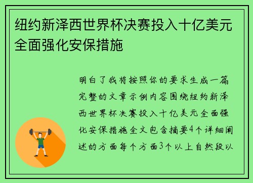 纽约新泽西世界杯决赛投入十亿美元全面强化安保措施