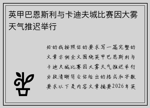 英甲巴恩斯利与卡迪夫城比赛因大雾天气推迟举行 英甲巴恩斯利与卡迪夫城比赛因大雾天气推迟举行